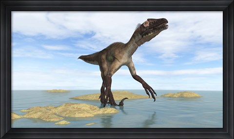Framed Utahraptor in Prehistoric Waters Print
