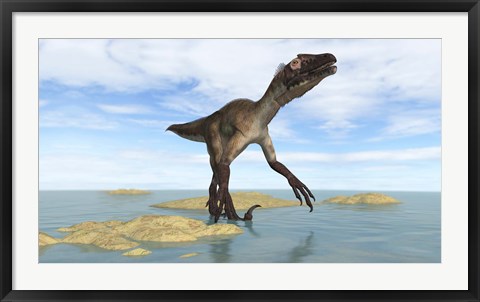 Framed Utahraptor in Prehistoric Waters Print