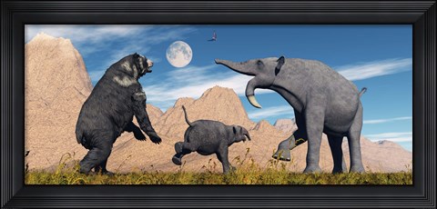 Framed Arctodus Bear Chasing Deinotherium Print