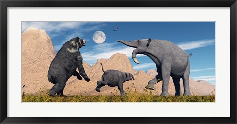 Framed Arctodus Bear Chasing Deinotherium Print