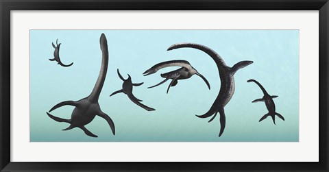 Framed Plesiosaurs Gather Underwater Print