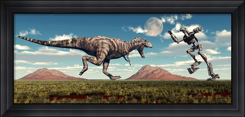 Framed Tyrannosaurus Rex Battling Robot Print