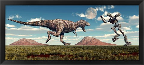 Framed Tyrannosaurus Rex Battling Robot Print