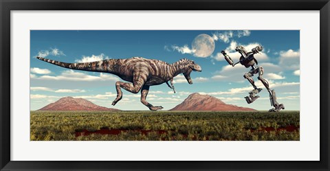 Framed Tyrannosaurus Rex Battling Robot Print