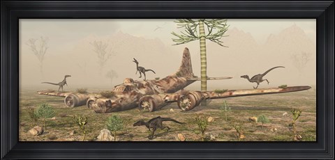 Framed Velociraptors and a B-17 Print
