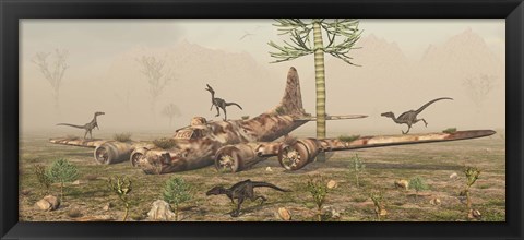 Framed Velociraptors and a B-17 Print