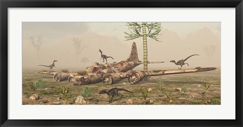 Framed Velociraptors and a B-17 Print