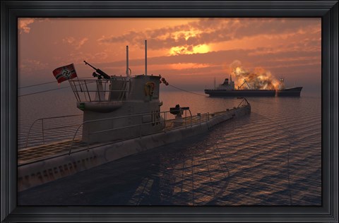 Framed German U-Boat and Allied Cargo Ship Print