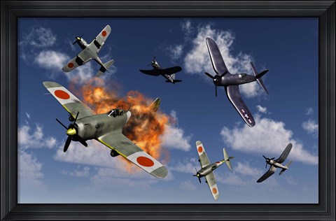 Framed F4U Corsair and Japanese Nakajima Planes Print