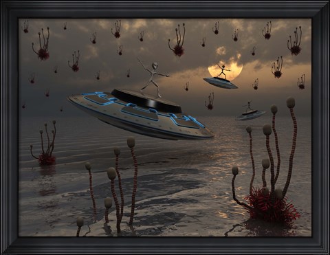 Framed Aliens on UFO&#39;s Print