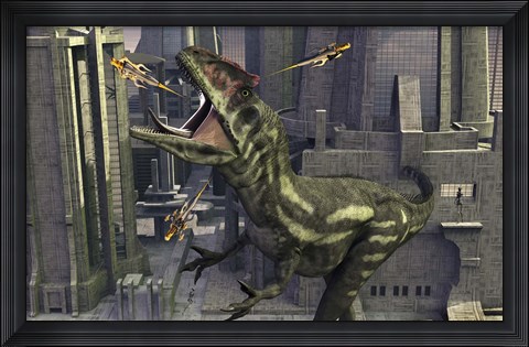 Framed Allosaurus and Robotic Devices Print