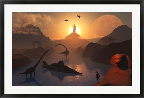 Framed City of Atlantis and Dinosaurs Print