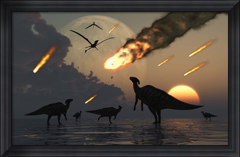 Framed Hadrosaurs and Meteors Print