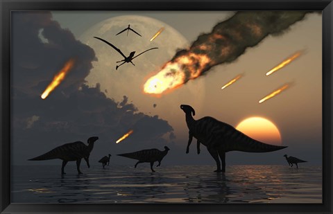 Framed Hadrosaurs and Meteors Print