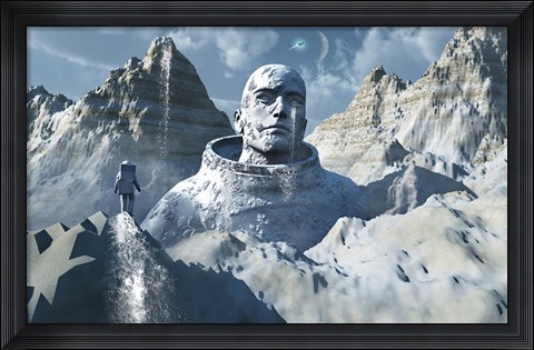 Framed Lone Astronaut looking at Statue Print