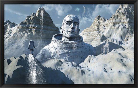Framed Lone Astronaut looking at Statue Print