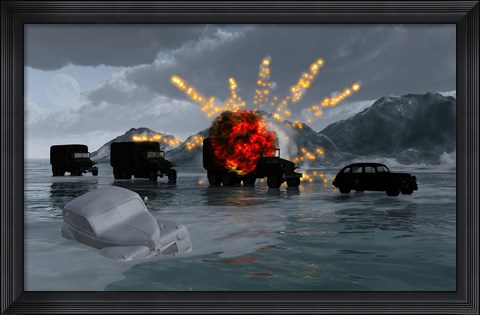 Framed Military Vehicles with a Truck Exploding Print