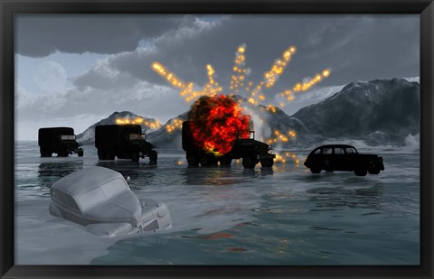 Framed Military Vehicles with a Truck Exploding Print