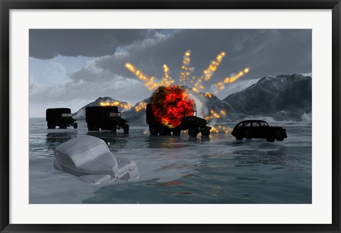 Framed Military Vehicles with a Truck Exploding Print