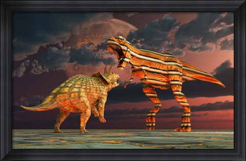 Framed Robotic T Rex &amp; Triceratops Battle Print