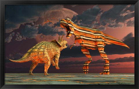 Framed Robotic T Rex &amp; Triceratops Battle Print