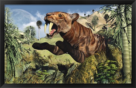Framed Sabre Tooth Tiger Hunting Print