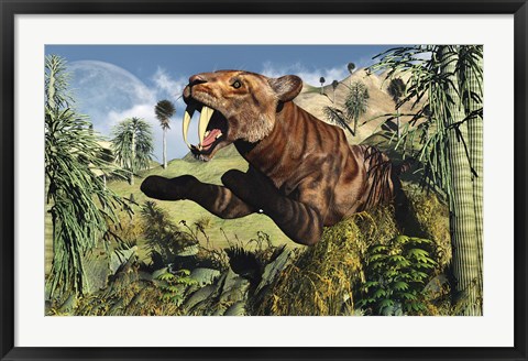 Framed Sabre Tooth Tiger Hunting Print