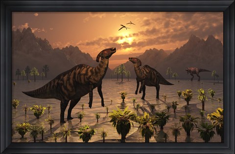 Framed T Rex and Parasaurolophus Duckbill Dinosaurs Print