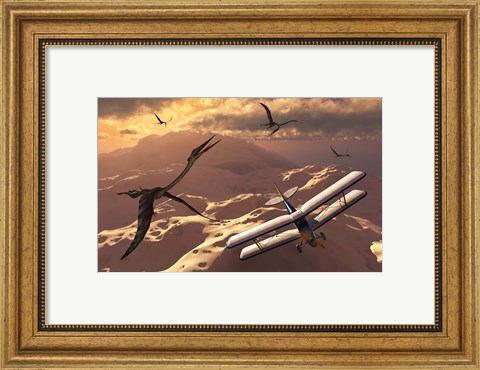 Framed Tiger Moth Biplane and Quetzalcoatlus pterosaurs Print