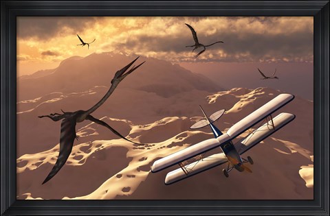 Framed Tiger Moth Biplane and Quetzalcoatlus pterosaurs Print