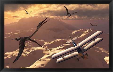 Framed Tiger Moth Biplane and Quetzalcoatlus pterosaurs Print