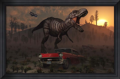 Framed Dinosaur and Classic Car Print