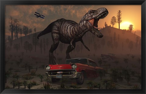 Framed Dinosaur and Classic Car Print