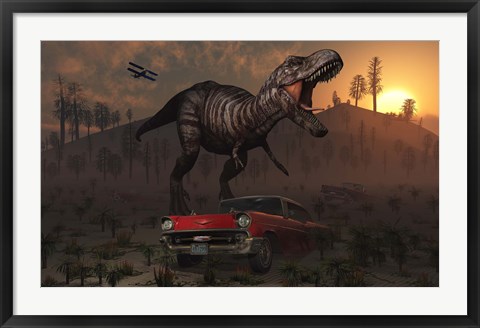 Framed Dinosaur and Classic Car Print