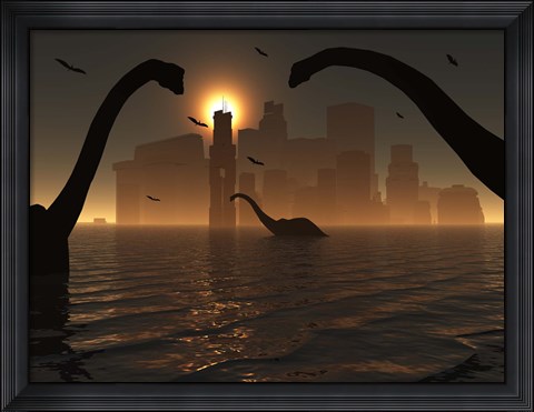 Framed Dinosaurs Feed Near the Shores of Atlantis Print