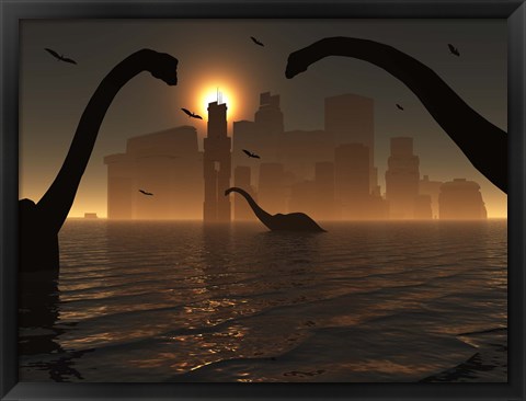 Framed Dinosaurs Feed Near the Shores of Atlantis Print