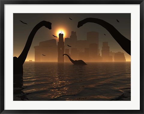 Framed Dinosaurs Feed Near the Shores of Atlantis Print