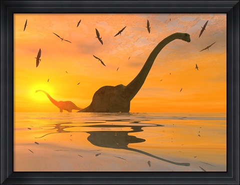 Framed Diplodocus Dinosaurs Bathe Print