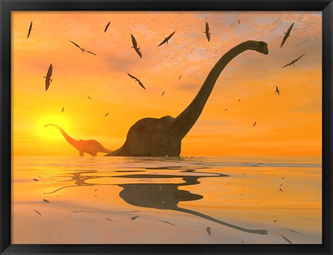 Framed Diplodocus Dinosaurs Bathe Print