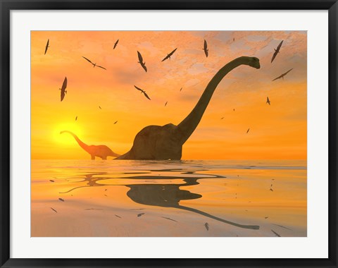 Framed Diplodocus Dinosaurs Bathe Print