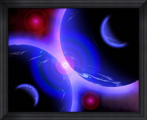 Framed Red Stars and Blue Planets Print
