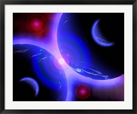 Framed Red Stars and Blue Planets Print