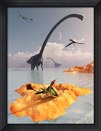 Framed Sauropod Omeisaurs and Flying Eudimorphodons Print