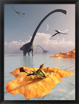 Framed Sauropod Omeisaurs and Flying Eudimorphodons Print