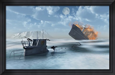 Framed German U-Boat Sinking a Ship Print