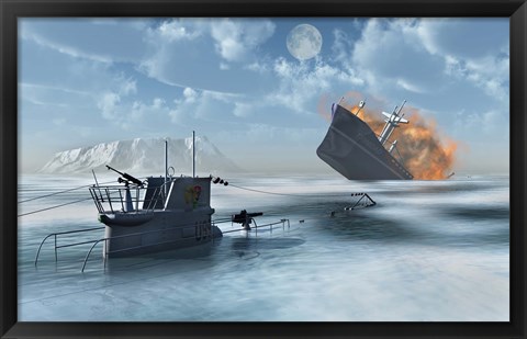 Framed German U-Boat Sinking a Ship Print