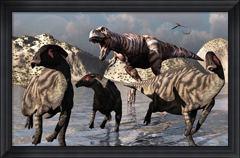 Framed Tyrannosaurus Rex and a Parasaurolophus Duckbill Print