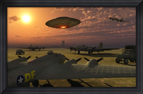 Framed Alien UFO Flying over an American Airbase Print