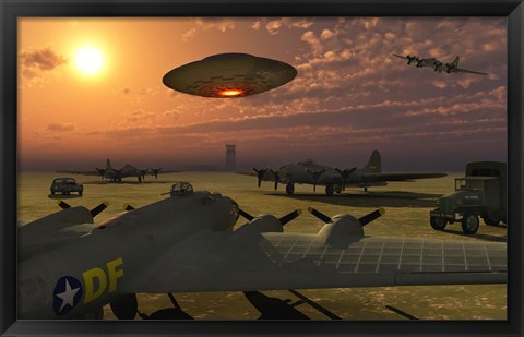 Framed Alien UFO Flying over an American Airbase Print