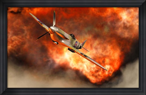 Framed British Supermarine Spitfire Bursting through Flames Print